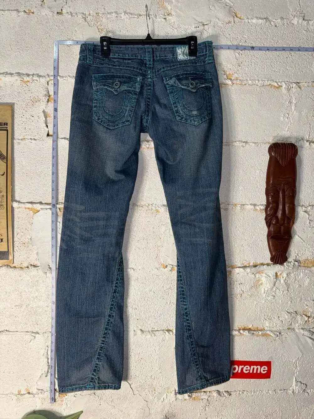 True Religion Billy Super T Teal Contrast Stitching Straight Leg Jeans